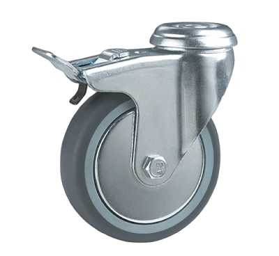 KOŁO OBROTOWE Z HAMULCEM 75 MM, BIEŻNIK PEŁNY Z GUMY TERMOPLASTYCZNEJ FELGA Z POLIPROPYLENU, ŁOŻYSKO ŚLIZGOWE, MOCOWANIE NA WPUST, CYNKOWANE